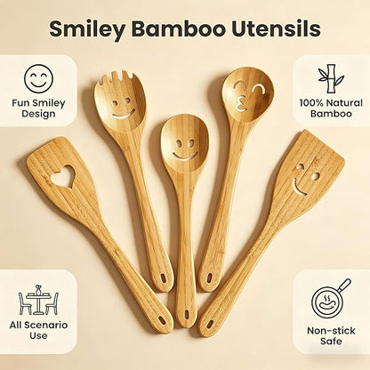 Fun Wooden Spoons for Cooking 5 Piece - Funny Kitchen Utensil Set Nonstick Smiley Face Cooking Spoons & Spatula Happy Cute Kitchen Accessories Unique Mothers Day Gifts Housewarming Gifts New Home