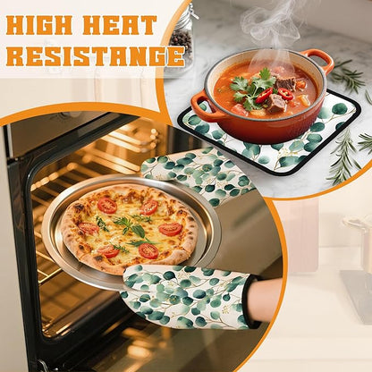 Eucalyptus Leaf Oven Mitts and Pot Holders Set,Golden Green Kitchen Decor Heat Resistant Non Slip Hot Pads and Oven Mitt for Chef Cooking Baking BBQ Mom Girl Gifts(4 Piece Set)