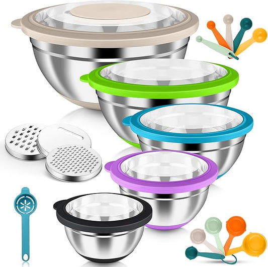 HaWare Mixing Bowls, 24-Piece Stainless Steel Salad Serving Bowl with Airtight Clear Lids, Metal Nesting Bowl For Kitchen Cooking Prepping Storing with 3 Graters, 4.6/2.6/1.5/1/0.7 QT, Colorful