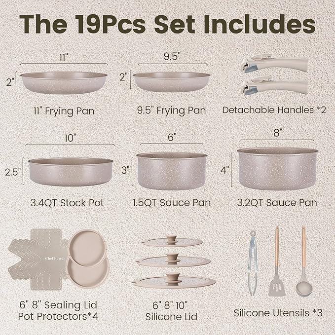 Chef Power Ceramic Nonstick Pots and Pans Set 19 Piece with Detachable Handle, Induction Dishwasher Oven Safe Cookware Set, RV Kitchen Set Removable Handle, Mocca Taupe - Image 2