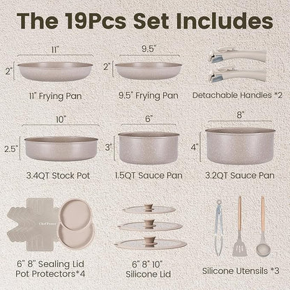 Chef Power Ceramic Nonstick Pots and Pans Set 19 Piece with Detachable Handle, Induction Dishwasher Oven Safe Cookware Set, RV Kitchen Set Removable Handle, Mocca Taupe - Image 2