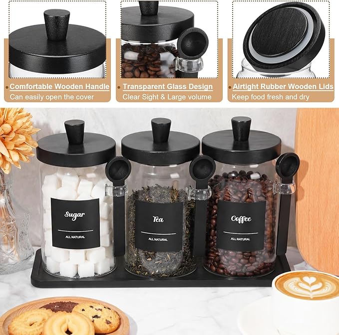 Suclain 3 Pcs Glass Coffee Container with Wooden Lid Spoon Shelf Labels Clear Airtight Jar Food Storage Canister Set for Sugar Spice Coffee Bean Holder Housewarming Gift(25 oz,Black Bamboo) - Image 3