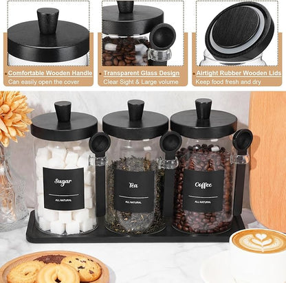 Suclain 3 Pcs Glass Coffee Container with Wooden Lid Spoon Shelf Labels Clear Airtight Jar Food Storage Canister Set for Sugar Spice Coffee Bean Holder Housewarming Gift(25 oz,Black Bamboo) - Image 3