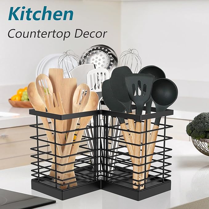 Suli Extra Large Kitchen Utensil Holder with 3 Compartments，Matte Black Metal Corner Kitchen Caddy for Countertop，Farmhouse Rustic Cooking Storage-Black - Image 8