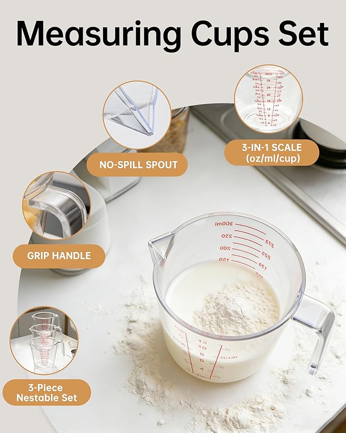 Measuring Cups, Plastic Measuring Cups Set of 3-1000ml, 600ml, 300ml with Spout & Easy-Pour Design, Leak-Proof, Cooking, Baking, Liquid & Dry Ingredients, (ML/OZ/CUP) - Image 3