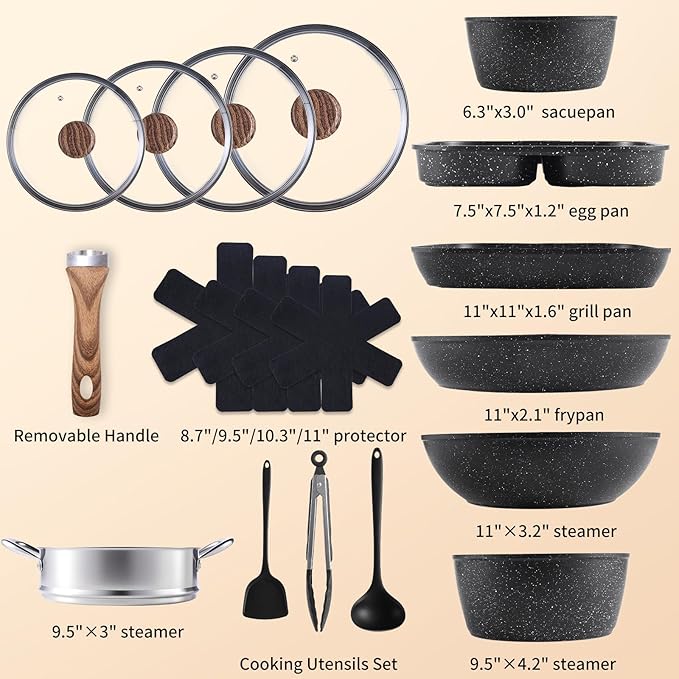 17 Pcs Pots and Pans Set, Nonstick & Non-Toxic Healthy Pots and Pans, Heat-Resistant Handles, Induction Cookware Sets with Frying Pans, Black