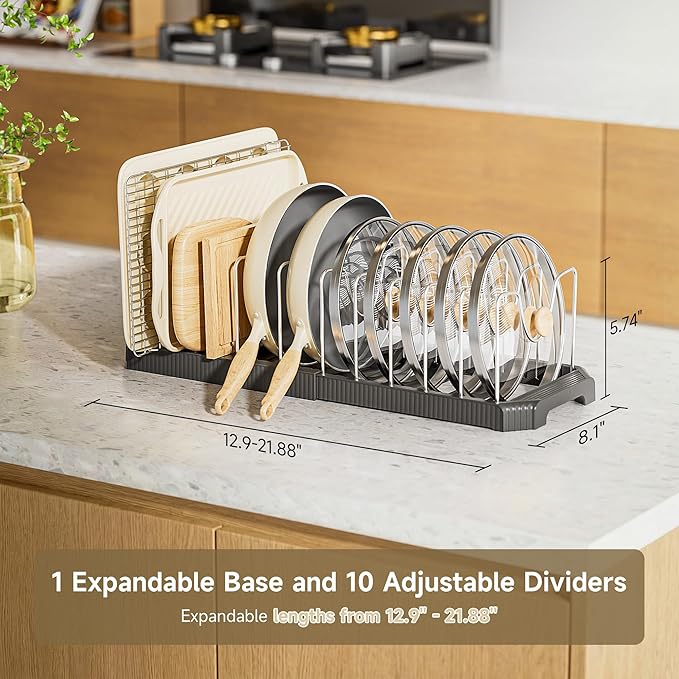 MUDEELA Pot Lid Organizer Rack for Cabinet, Expandable Pots and Pans Organizer under Cabinet with 12 Adjustable Dividers, Pan Organizers Holder inside Cabinet for Cutting Boards, Baking Sheets, Black - Image 2