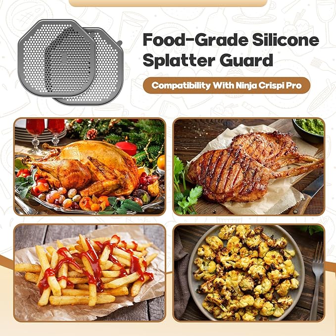 2 PCS Silicone Splatter Shield Heat-Resistant Splash Guard for Ninja Crispi Pro Glass Air Fryer -Replacement Parts AS101CY,Compatible with Ninja Crispi Pro Accessories & Crisp Containers (Grey)