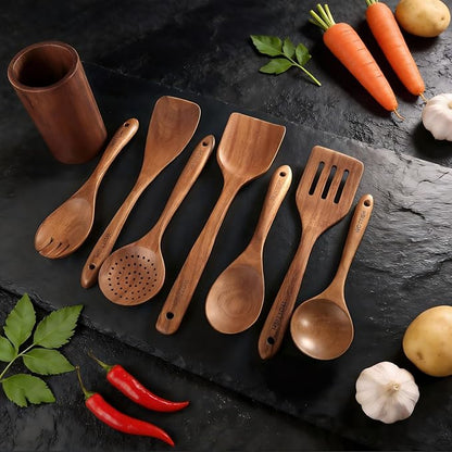 Wooden Spoons for Cooking - 8-Piece Wooden Kitchen Utensil Set made of Natural Solid Wood Material-Includes Spoons,Spatulas,Ladles,Mixing Spoon and Utensil Holder,Valentine's Day Gifts - Image 4