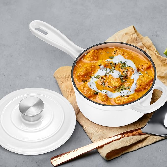 1 QT Enameled Cast Iron Saucepan, Leonyo Sauce Pan with Lid, Cast Iron Enamel Cookware Kitchen Milk Pot for All Cooktops Cooking Pasta, Soup, Egg - Up to 500°F & 4.4Lbs, White