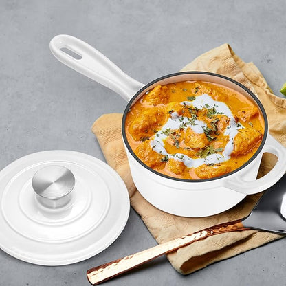2 Quart Saucepan with Lid, Leonyo Enameled Cast Iron Sauce Pan, Heavy Duty Dutch Oven Cast Iron Pot Kitchen Cookware for All Cooktops Cooking Pasta, Milk, Soup- Up to 500°F & 6.7Lbs, White