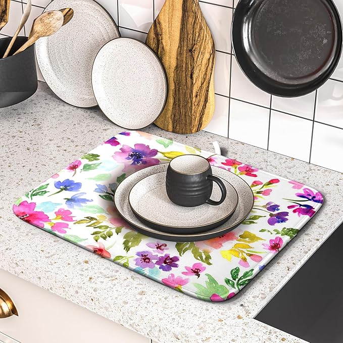 Spring Floral Dish Drying Mat for Kitchen Counter Flower Microfiber Absorbent Dish Draining Reusable Washable Foldable 16"x18" - Image 5