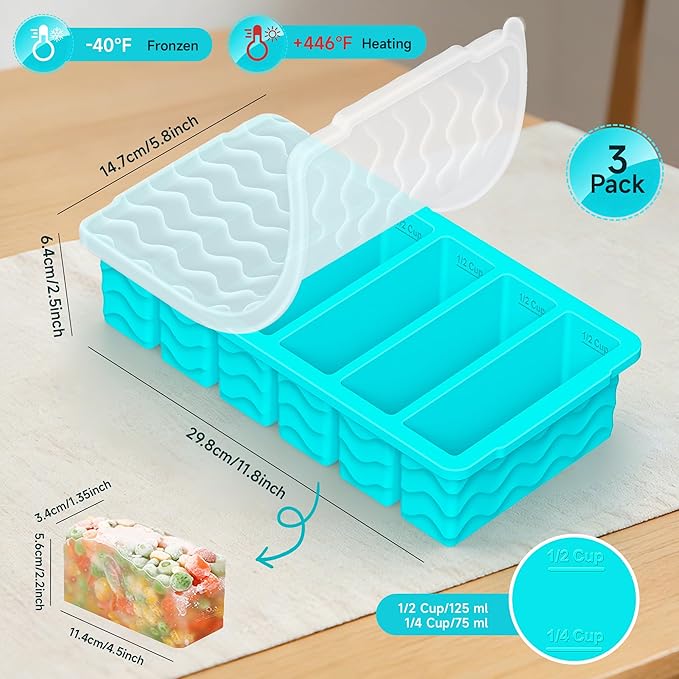 3-Pack Silicone Freezer Trays with Lid, Soup Freezer Container Molds, Silicone Freezer Molds, Ice Cube Tray for freezing Soup Sauce Broth Leftovers, Dishwasher & Oven Safe, BPA Free (1/2-cup,blue)
