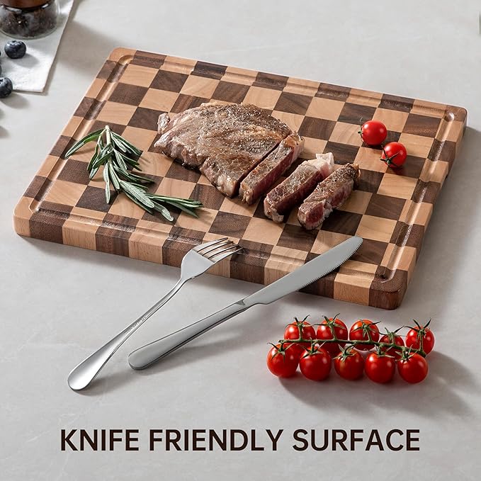 Checkerboard Cutting Boards for Kitchen, Acacia Wooden Cutting Board, End Grain Chopping Board with Juice Groove, Serving Tray for Meat, Vegetables, Fruits, Bread, Cheese, 14" X 11" X 0.8" - Image 6