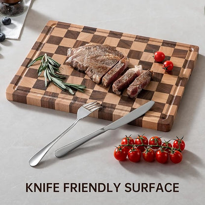 Checkerboard Cutting Boards for Kitchen, Acacia Wooden Cutting Board, End Grain Chopping Board with Juice Groove, Serving Tray for Meat, Vegetables, Fruits, Bread, Cheese, 14" X 11" X 0.8" - Image 6