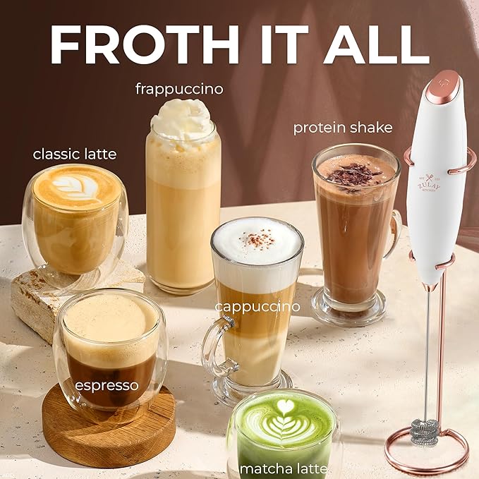 Zulay Kitchen Patented Tornado Triple Whisk Milk Frother with 4 Duracell Batteries – Handheld Foam Maker for Coffee, Lattes, Matcha & Hot Chocolate – Rich, Creamy Froth in Seconds - Gold Rose - Image 5