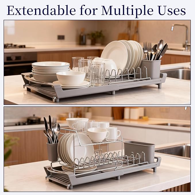 Dish Drying Rack Compact Expandable - A Space-Saving, Stainless Steel, Rust-Resistant Dish Drainer for Kitchen and Apartment Countertops/Sink Cabinets, Extendable from 11.42 to 19.9 inches (Gray) - Image 3