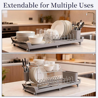 Dish Drying Rack Compact Expandable - A Space-Saving, Stainless Steel, Rust-Resistant Dish Drainer for Kitchen and Apartment Countertops/Sink Cabinets, Extendable from 11.42 to 19.9 inches (Gray) - Image 3