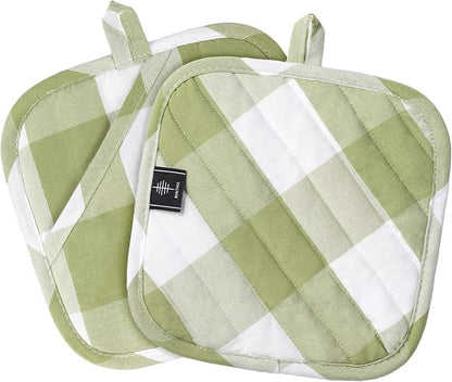 Cotton Pot Holders for Kitchen Heat Resistant Potholder Hot Pads Trivet Coaster Non-Slip Potholders Set for Cooking and Baking (2, Green Plaid, Square，8.27 in²)