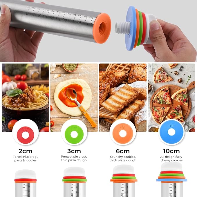 Rolling Pin with Adjustable Thickness Rings for Baking,Stainless Steel Dough Roller,Baking Supplies for Cookie Fondant Pizza Cake Pasta - Image 4