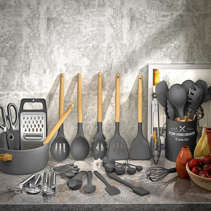 Umite Chef Silicone Kitchen Utensil Set, 34PCS Heat Resistant Kitchen Gadgets and Tools With Grater, Wood Handles for Nonstick Cookware (Dark Gray) - Image 2