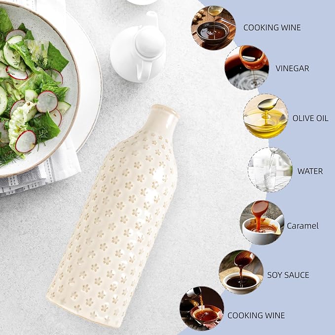 Ceramic Olive Oil Dispenser Bottle for Kitchen with Gravity Spout, 19 oz Opaque Relief Oil Cruet with Funnel, Oil Container for EVOO, Vinegar, and Soy Sauce (Petal Design)