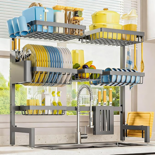 Sakugi Dish Drying Rack - Over The Sink Dish Drainer Drying Rack with Utensil & Knife Holder, Hooks, Stainless Steel Kitchen Organizers and Storage Solution, 11.8" D x 31.5"~39.0''W x 30" H, Gray by Sakugi