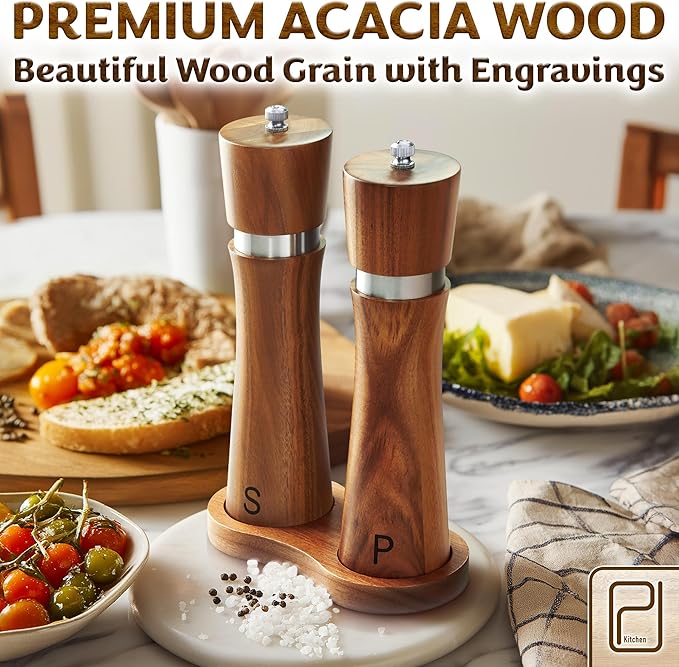 Salt and Pepper Acacia Wood Grinder Set with Wooden Holder Tray - 60 g / 2 oz each - Tall Modern Mill Shakers - Manual Refillable Mills for Peppercorn, Fancy Himalayan Salt + Spices - by PJC-Kitchen - Image 6