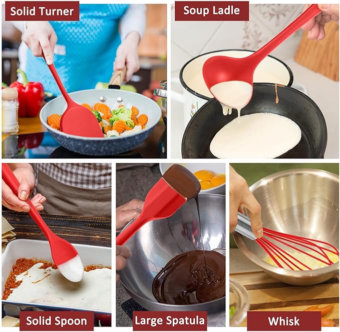 Silicone Cooking Utensils Set of 10, Kitchen Utensils Set for Cooking, 446°F Heat Resistant Silicone Kitchen Tools with Turner Spatula, Soup Ladle, Serving Spoons, Tongs for Nonstick Cookware - Red