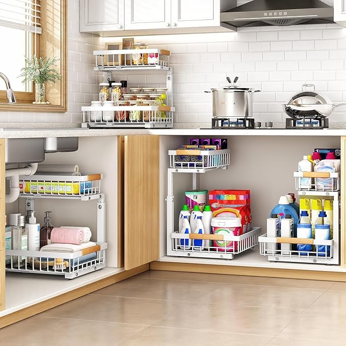 PXRACK Under Sink Organizer, Adjustable Height, 2 Tier Pull Out Under Cabinet Organizer, Slide Out Thickened Metal Under Sink Storage for Kitchen Bathroom Laundry Pantry Cabinet, White, Small-1-Pack - Image 7