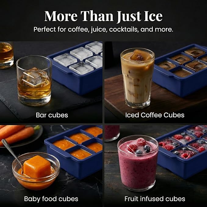 KitchFort Large Silicone Ice Cube Tray (2-Pack), Easy Release 2" Big Ice Cubes - Cocktail, Whiskey Ice Cubes Mold - Ice Trays for Freezer with Lid - Stackable Silicone Ice Tray - Navy Blue - Image 7