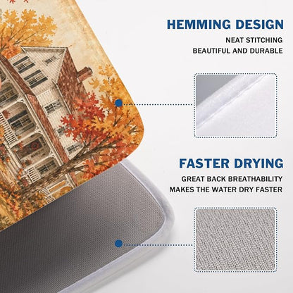 Fall Pumpkin Dish Drying Mat for Kitchen Counter Thanksgiving Autumn Harvest Pattern Microfiber Dish Drainer Mat Vintage Rustic Farmhouse Absorbent Washable Drying Pad 18"x24"