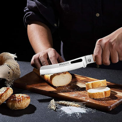 HUUSK Folding Bread Knife for Homemade Bread, Portable Bread Knives with Wide Wavy Edge for Steak, Tomato, Japanese Pocket Knife with 440C Stainless Steel for Cooking, Christmas Gift for Men and Women