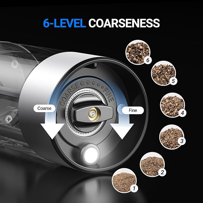 ThermoMaven 110ml Rechargeable Electric Salt and Pepper Grinder Set - 6 Adjustable Coarseness, Washable Parts, Built - in LED for Easy and Accurate Grinding, 2 Packs, Pearly White - Image 4