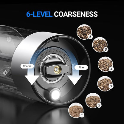 ThermoMaven 110ml Rechargeable Electric Salt and Pepper Grinder Set - 6 Adjustable Coarseness, Washable Parts, Built - in LED for Easy and Accurate Grinding, 2 Packs, Pearly White - Image 4