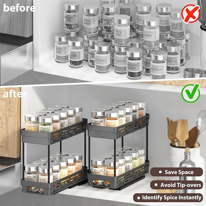 2 Pack Pull Out Spice Rack Organizer for Cabinet, Slide Out Spice Racks Organizer, Spice Cabinet Organizers, Cabinet Size Need:12'' Highx11'' Deepx5'' Wide,Hold 10 Spice Jar Each Tier-2Tier, Black - Image 6
