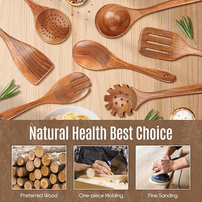 7 PCS Wooden Spoons for Cooking Natural Teak Kitchen Utensils Smooth Non-Stick Surface Cooking Utensils Set Soft Comfort-Grip Wooden Utensils for Cooking - Image 2