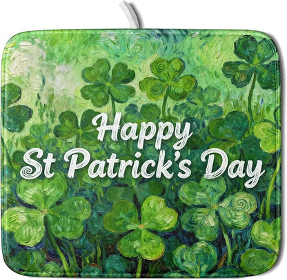 St Patricks Day Lucky Clover Dish Drying Mat for Kitchen Counter 16x18 Green Shamrock Happy Holiday Theme Absorbent Reversible Microfiber Drying Mats Kitchen Countertop Protector Dishes Drainer Pad by Aytipun