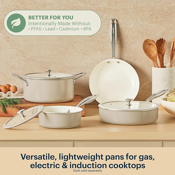 Pyrex 10-Inch Fry Pan Ceramic Cookware with Stainless Steel Handle, Healthy Nonstick Ceramic Coating, Induction Compatible Stainless Steel, PFAS Lead Cadmium BPA Free