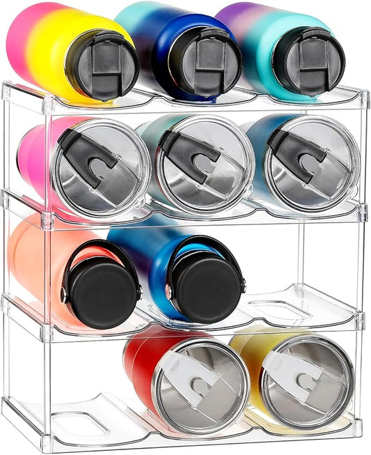 LARGER Compartment - Stackable Water Bottle Organizer Holder - for Stanley & Others' Large Tumbler - Clear Wine Rack, Cup Bottle Holder for Cabinet Home Countertop Fridge Pantry Shelf, 4 Tier Hold 12 by MakeLifeBetterEasier