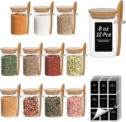 ComSaf 12 Pcs Glass Spice Jars and Spoons, 8oz Glass Containers with Bamboo Lids, Storage Containers with Airtight Lids with Black Labels for Seasonings, Salt, Loose Leaf Tea Storage by ComSaf