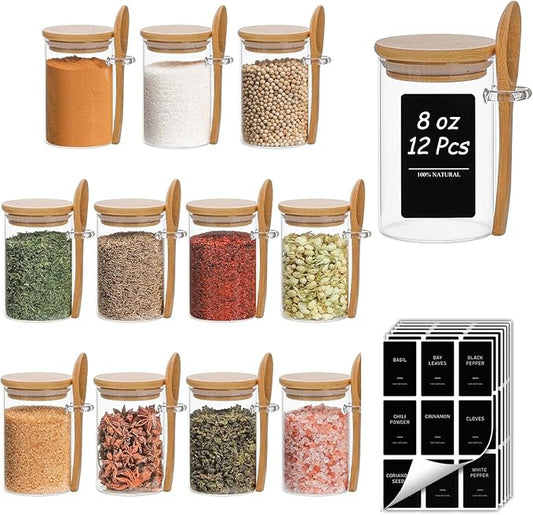 ComSaf 12 Pcs Glass Spice Jars and Spoons, 8oz Glass Containers with Bamboo Lids, Storage Containers with Airtight Lids with Black Labels for Seasonings, Salt, Loose Leaf Tea Storage by ComSaf