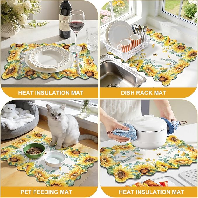 LOKHOM Scalloped Floral Dish Drying Mat, 17"x32" Super Absorbent Coffee Mat with Watercolor Yellow Sunflowers, Cuttable Hide Stain Non-slip Drying Mat for Kitchen Counter Coffee Maker Espresso Machine - Image 7