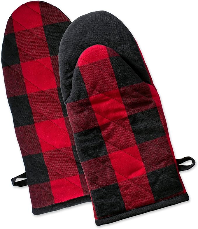 DII Buffalo Check Kitchen Collection, Classic Farmhouse Kitchen Set, Oven Mitt, Red & Black, 2 Piece
