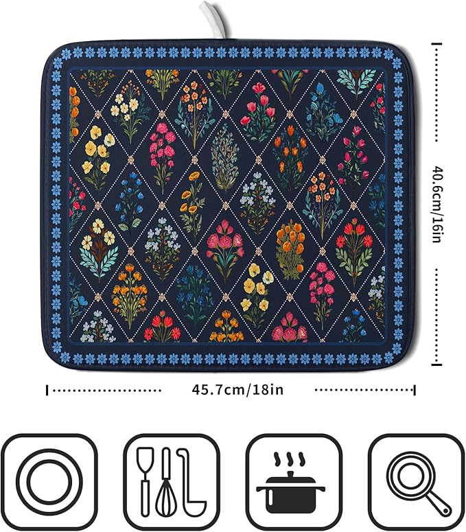 Lapis Blue Dish Drying Mat for Kitchen Counter Flowers Microfiber Absorbent Dish Draining Reusable Washable Small - Image 2