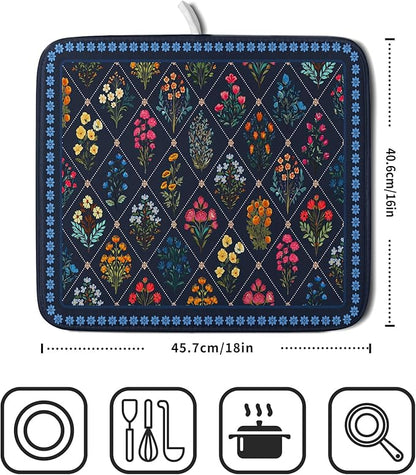 Lapis Blue Dish Drying Mat for Kitchen Counter Flowers Microfiber Absorbent Dish Draining Reusable Washable Small - Image 2