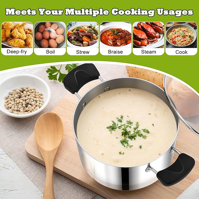 5 Quart 3-Ply Cooking Stock Pot with Lid, P&P CHEF Stainless Steel Large Pot for Pasta Soup, Work on Multi Stove, Heavy Duty & Dishwasher Safe, Dual Heat-resistant Handles & Transparent Glass Lid - Image 5