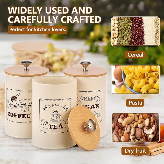 3 Pack Coffee Tea Sugar Container Set with Bamboo Lids Airtight Metal Canister Sets for Kitchen Counter Vintage Coffee Bar Container Set Rustic Farmhouse Kitchen Decor