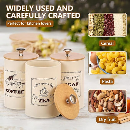 3 Pack Coffee Tea Sugar Container Set with Bamboo Lids Airtight Metal Canister Sets for Kitchen Counter Vintage Coffee Bar Container Set Rustic Farmhouse Kitchen Decor