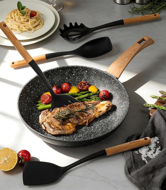 Large Silicone Cooking Utensils Set, 10Pcs Nonstick Kitchen Utensil Set with Wooden Handle, Heat Resistant Silicone Utensils for Cooking, BPA Free Spatula Set with Turners Spoon Ladle Skimmer(Black) - Image 2